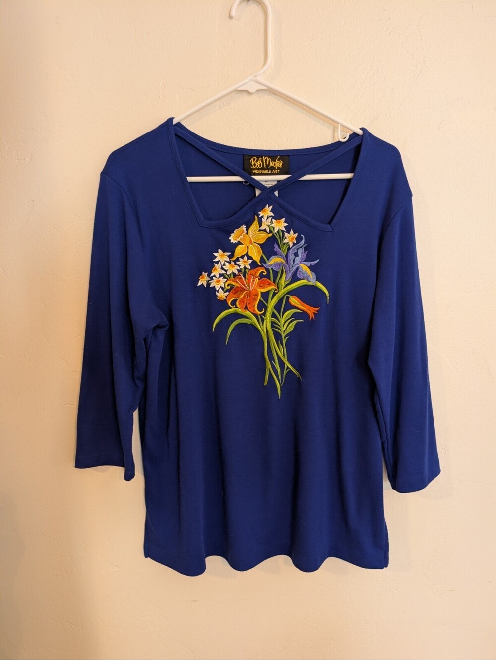 Vintage Bob Mackie Wearable Art Floral Embroidered Blue Top M 3/4 Sleeve Fairy